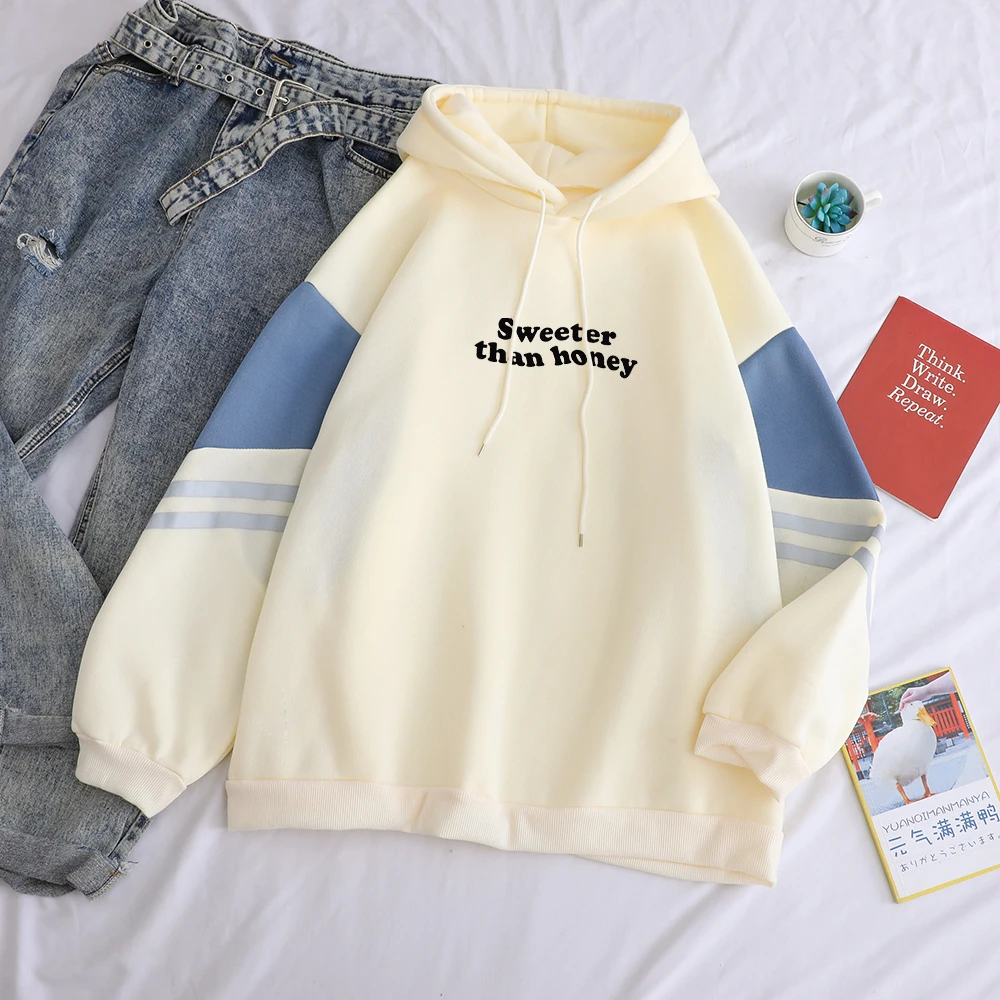 

Women's Hoodies Pullovers y2k Fleece Spell Color Splicing Loose SWEETER THAN HONEY Letter Printed Top Harajuku Hooded Sweatshirt