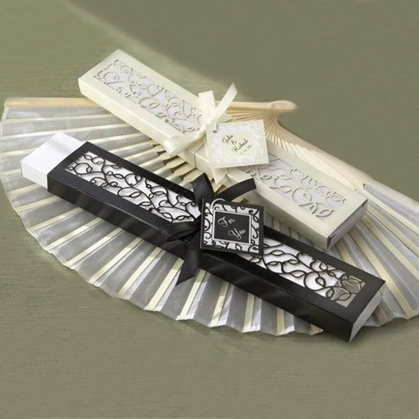 50pcs/lot Personalized Bride& Groom's Name& Date Silk Wedding Folding Hand Fan with Organza Gift Bags / Box Customized Print
