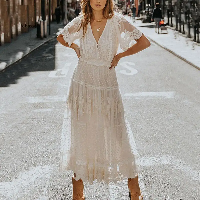 

Summer Boho Women Maxi Dress Vintage Polka Dot White Lace Long Tunic Beach Dress