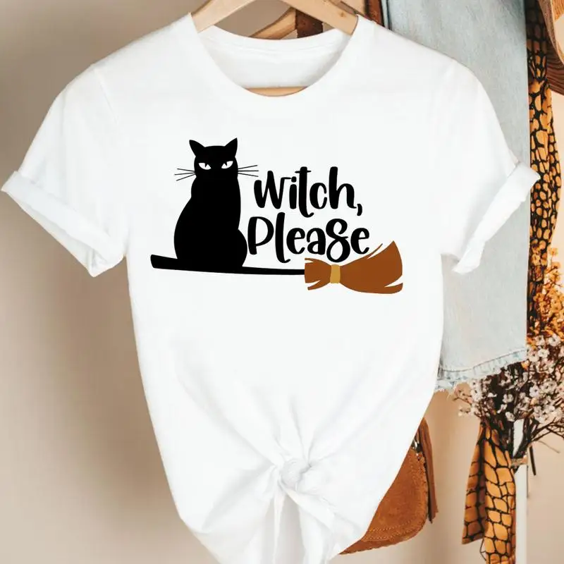 

Женская футболка с рисунком кошки ведьмы на Хэллоуин, осень, День благодарения, мультфильм, кавайная одежда, футболка с принтом, футболка, же...