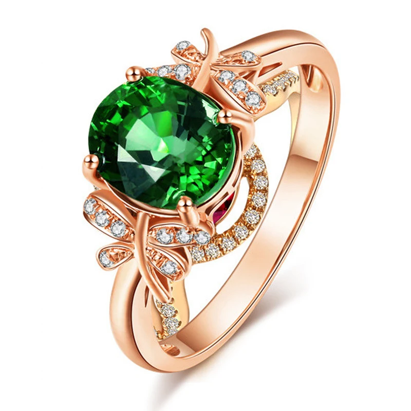 Кольцо с изумрудом в форме бабочки и цирконом под розовое золото серебро 925 пробы