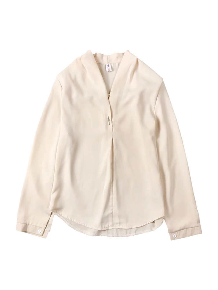 

2021 New Lady Shirt High End Korean Style Pure Color V-neck Long Sleeve Simple Versatile Chiffon Shirt