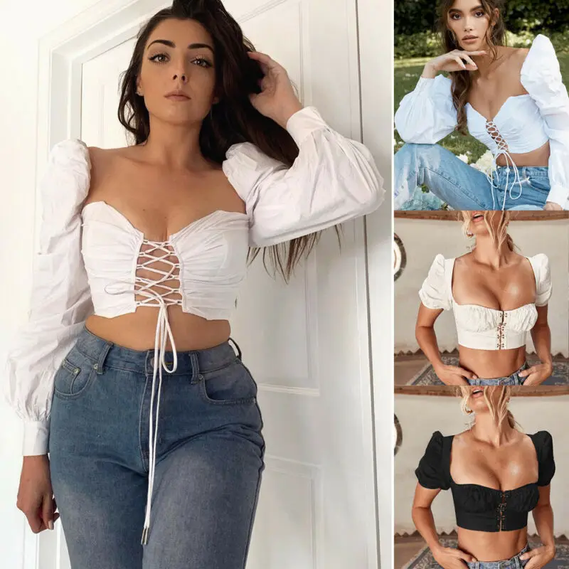 Женские пикантные топы с квадратным вырезом блузка длинными рукавами-фонариками