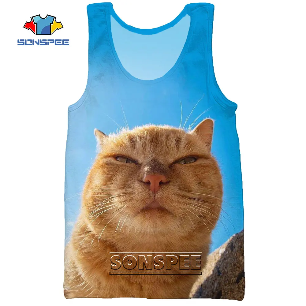 

SONSPEE Cat Look At You Animal 3D Print Summer Sea Men's Tank Tops Funny Casual Bodybuilding Gym Muscle Sleeveless Beach Vest