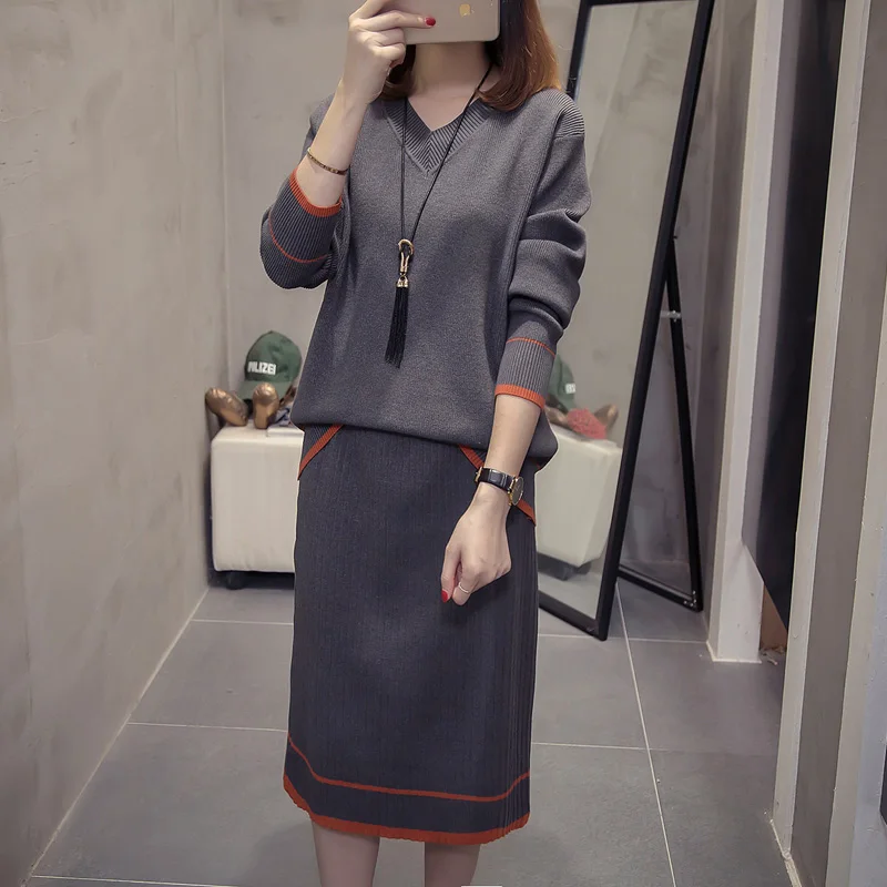 Вязаный свитер платье пуловер Женская зимняя одежда негабаритный осень 2019 v шеи