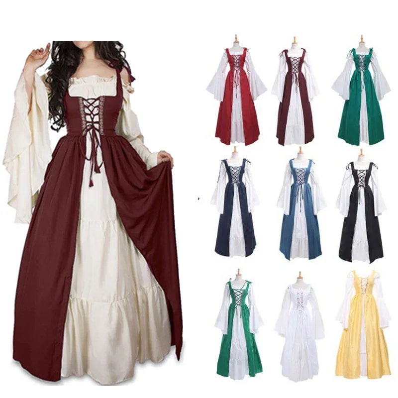 

Plus size Medieval Dress Women Renaissance Gothic Long Maxi Retro Vestido Victorian Lace Up Paty Ball Gown two Piece set S-5XL