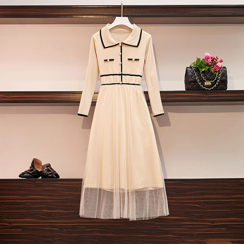 

Solid Color Plus Size Women's Autumn New Mesh Splicing Slimming Slimming Knit Waist Temperament Sweater Dress Long Section