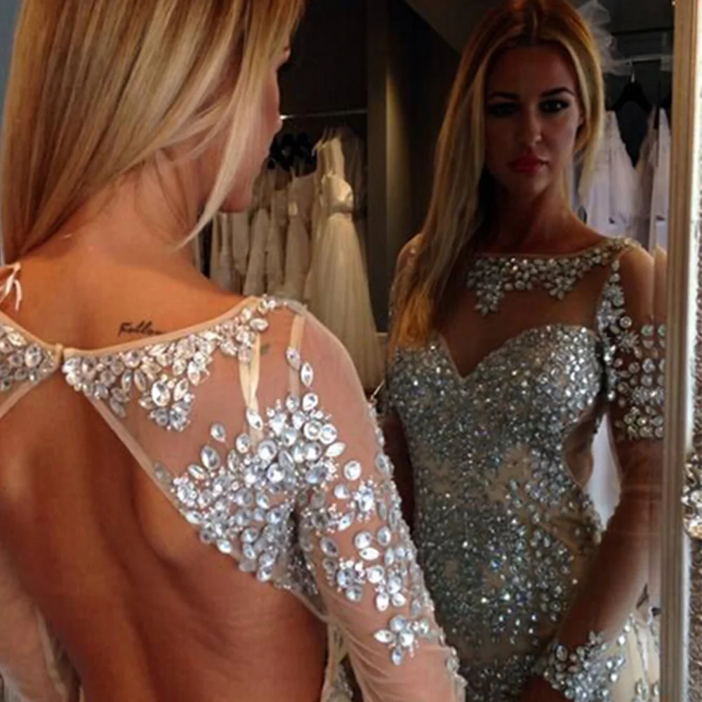 Vestido de Festa Curto шампанское кристалл коктейльное вечернее платье с открытой спиной с длинным рукавом Клубное платье кристалл платье для коктейля