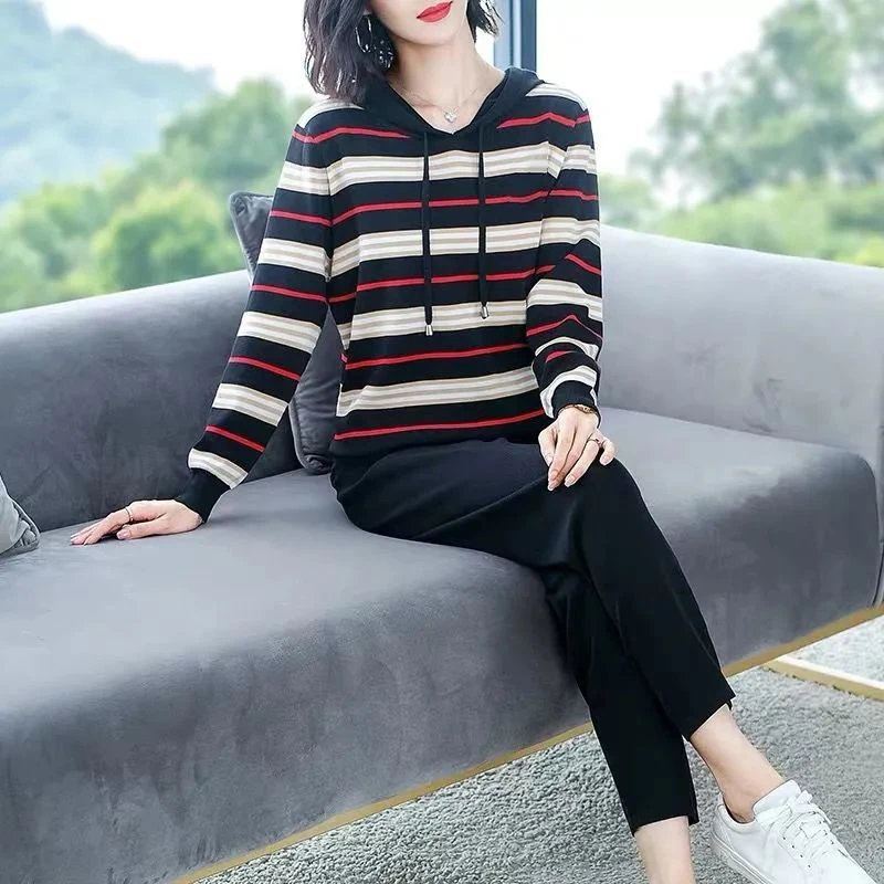 Трикотажные полосатые классические костюмы толстовка с длинным рукавом свитер