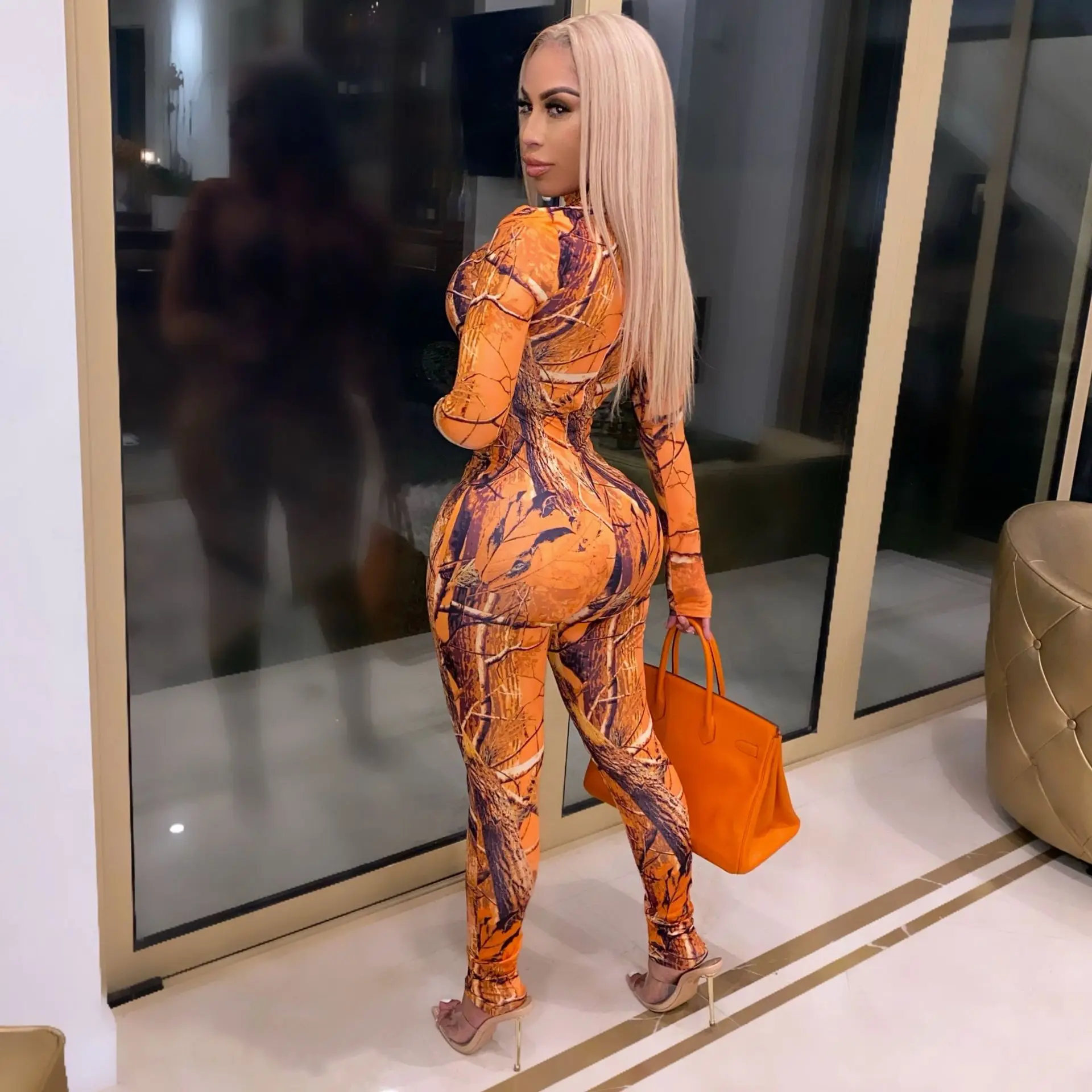 

2021 Multi Color Print Jumpsuit Woman Long Sleeve Mock Neck Leggings Night Club Wear Rompers Outfits One Piece Bodycon Overalls