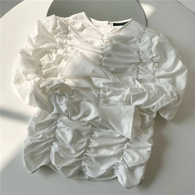 

GALCAUR Black Ruched Slim Shirt For Women O Neck Long Sleeve Korean Casual Blouse Female Spring Fashion New Clothing 2021 Tide