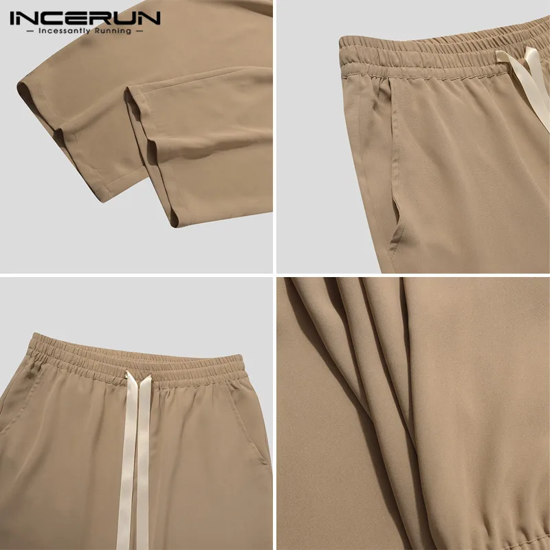 

Vintage Men Pants Streetwear Joggers Solid Color Drawstring 2021 Casual Straight Trousers Pockets Pantalones Hombre INCERUN 5XL