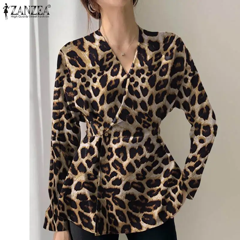 

Oversized ZANZEA Fahsion Women's Shirts Blouse 2022 Spring Autumn OL Leopard Printed Long Sleeve Top Belted Casual Loose Blusa