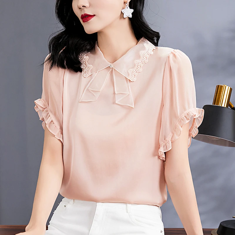 

Рубашка женская однотонная с отложным воротником, Элегантная модная офисная блузка свободного покроя с бантом и коротким рукавом, топ из на...