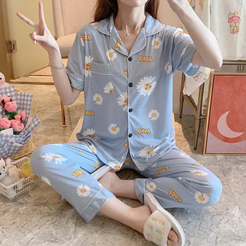 Pajamas women's summer new cartoon leisure short sleeve pants thin Korean version lovely loose large size home suit sleepwear