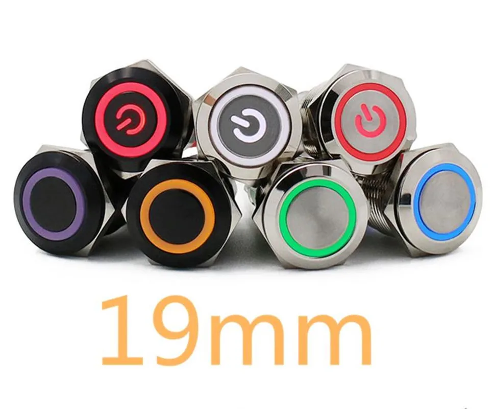 

19mm New Waterproof Metal Push Button Switch LED Light Anodize Oxide Black Momentary Latching Car Engine PC Power Switch 3-380V