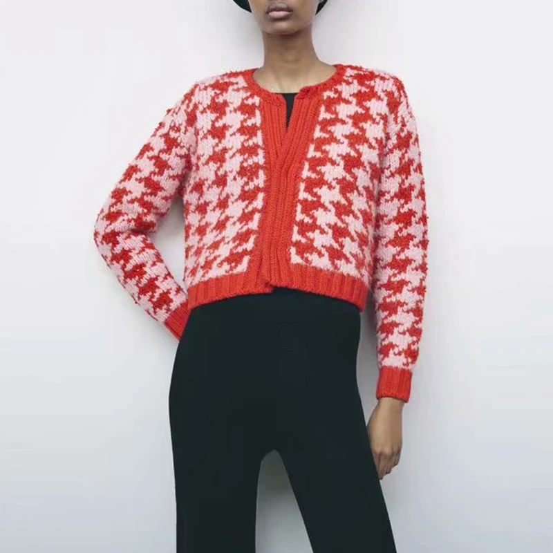 

Za Cardigan Women Sweater 2021 Fall New Fashion Houndstooth Cotton Women Sweater Cardigan Jacket Casual Street Youth Sweater