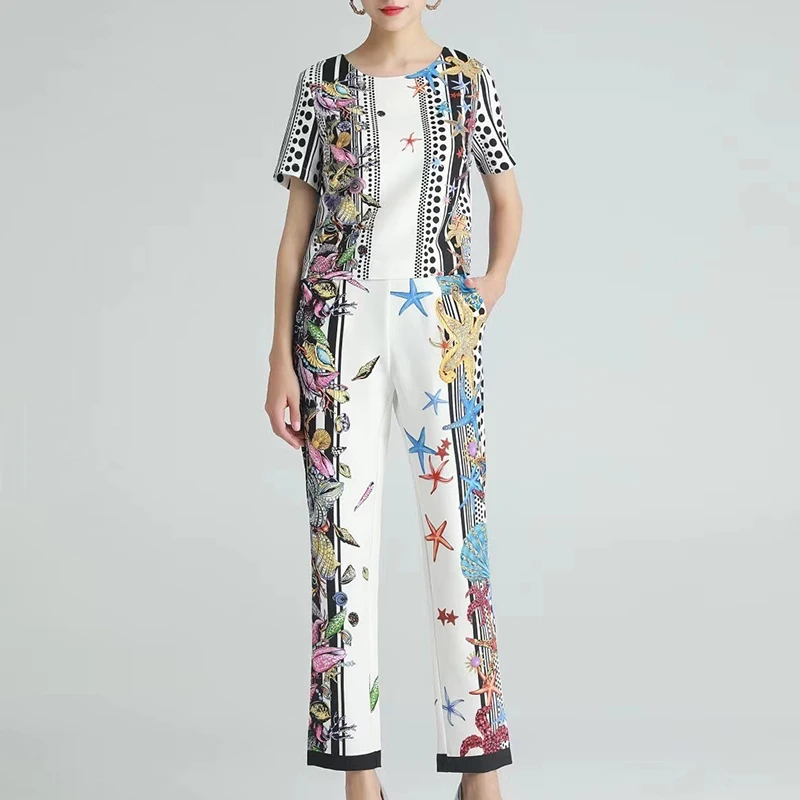 

CHICEVER Print Two Piece Set For Women O Neck Short Sleeve Tops High Waist Loose Wide Leg Pants Vintage Sets Female Clothing New