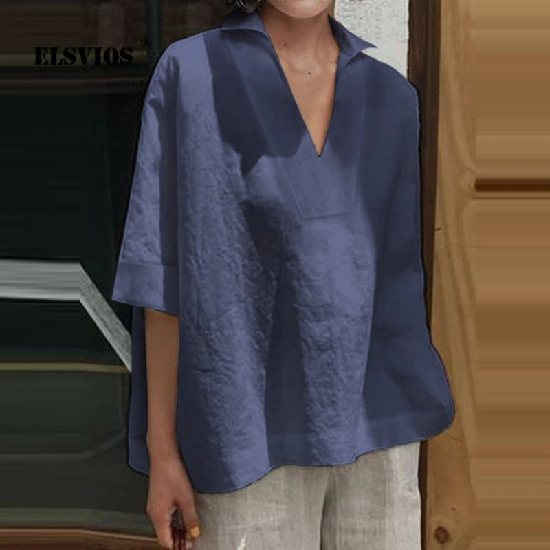 

Женская блузка из хлопка и льна с V-образным вырезом и коротким рукавом