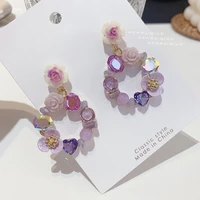 mengjiqiao 2021 elegant resin flower circle drop earrings for women girls fashion purple crystal heart pendientes jewelry gifts