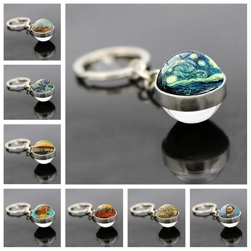 

WG 1pc Van Gogh Star Time Gem&stone Metal Keychain Pendant Double-sided Glass Ball Cabochon Keyring Keychain Jewelry