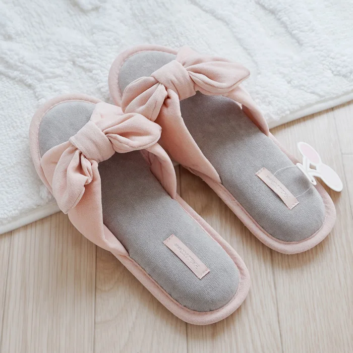 Корейские милые домашние тапочки с бантом женская обувь простые шлепанцы мягкие