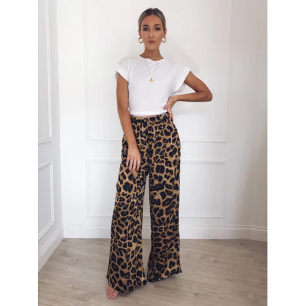 

Women's Wide Leg Pull On Trousers Leopard Snake Print Full Length High Rise Loose Fit Pants