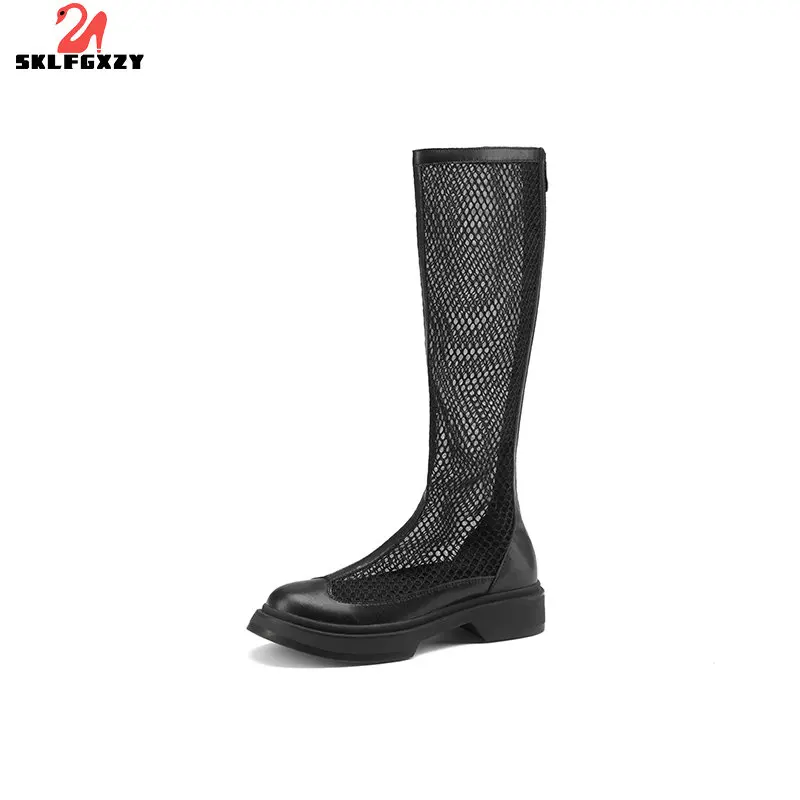 

SKLFGXZY Summer European Genuine Leather Women's Boots Knee-high Boots Grid Sexy 100% Cowhide Boots Women's Shoes