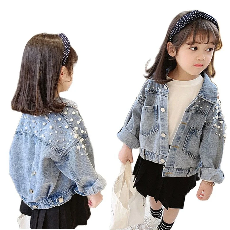 

Осень 2021, одежда для маленьких девочек, верхняя одежда, куртки с лацканами, пальто, джинсовая куртка для девочек с бусинами и жемчужинами, мо...