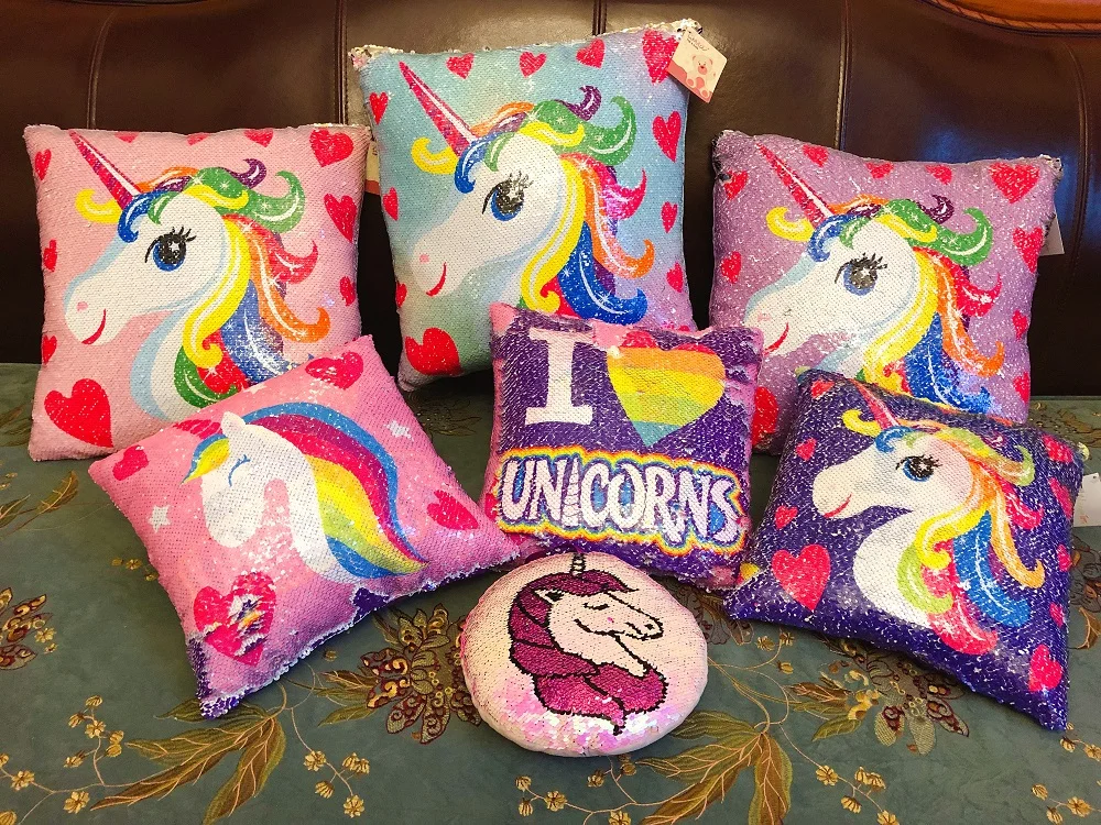 Подушка с блестками и единорогом (не наволочка) наполнителем 30 см|Плюшевые