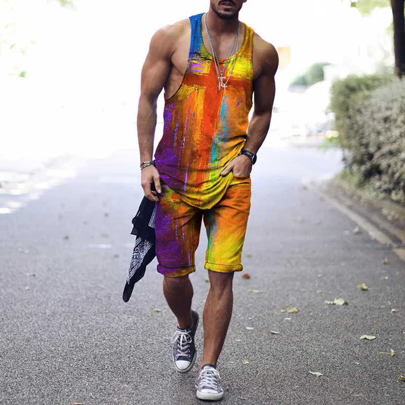 

Hot Sale Summer Men's Suit Hip Hop Trend Streetwear Retro Harajuku Loose Vest Shorts 2-Piece Set of 2021 Fashion Men's Clothing