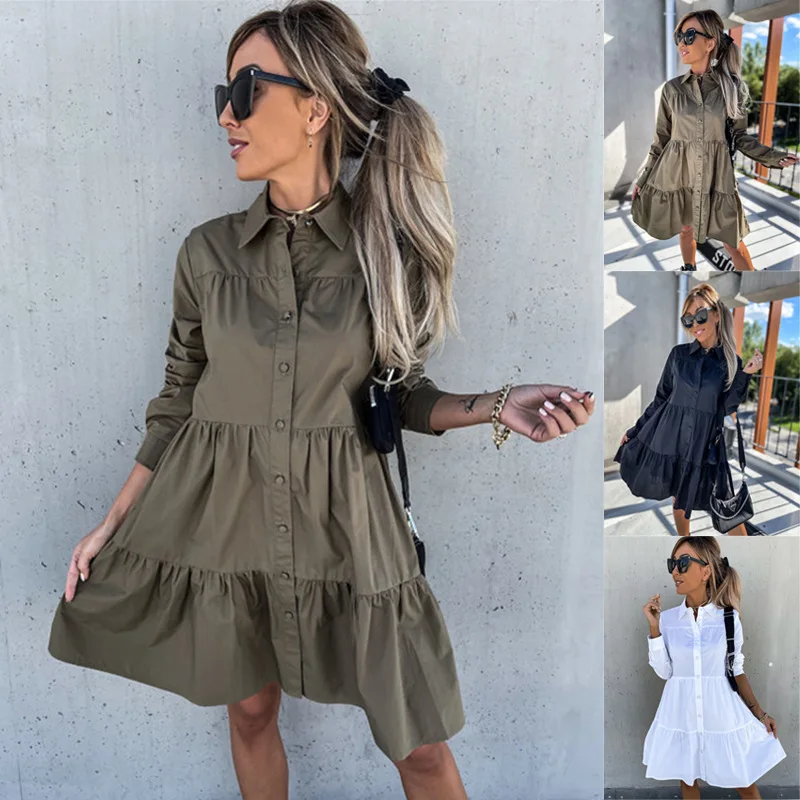 

Women Dress Holiday Summer Long Sleeve Sundress Solid Casual Kaftan Ruffles Loose Vestidos Pockets Robe Femme beach cover up