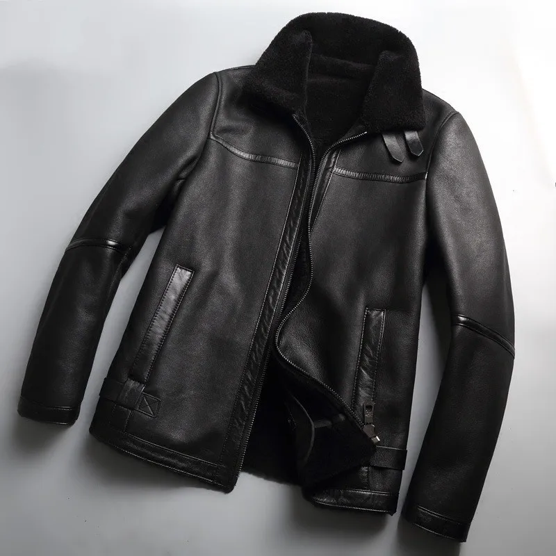 

Winter Mens Real Fur Lining Natural Shearling Bikers Windproof Coat L-5XL Genuine Leather Jacket Slim Fit Short Overcoat