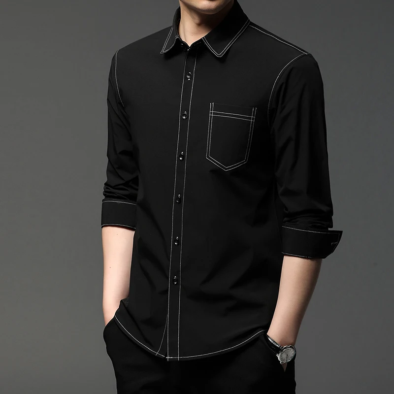 

Spring shirt men's long sleeve high end non iron business fashion top stripe black handsome men's shirt fashion
