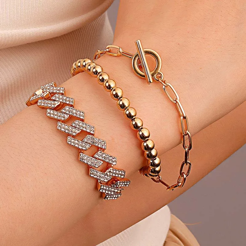 

3pcs Boho Thick Gold Color Crystal Charm Bracelets Bangles New Fashion Jewelry Punk Cuban Chain Bracelets Set for Women Gifts