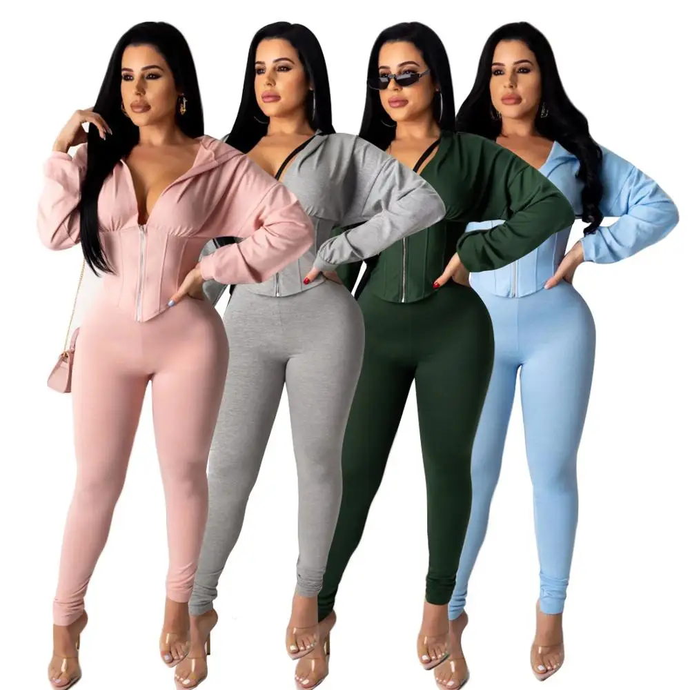 

Hot Sale Sport Wear Casual Women Suit Running Wear Tracksuit Hooded Collar Zip Long Sleeve Jacket And Leggings Trousers Outfits