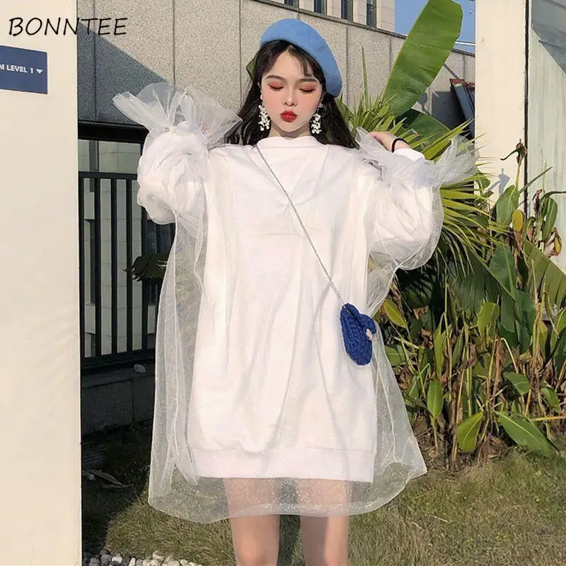 

Hoodies Women Spliced Mesh Long Sleeve Sweet Girls O-neck Loose Students Leisure Chic Korean Style Streetwear Sweatshirts New