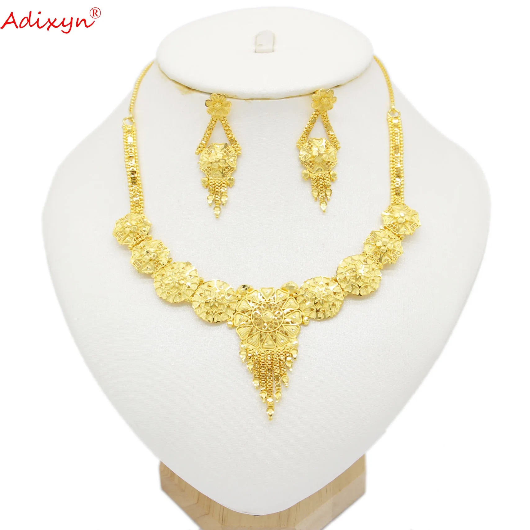 Adixyn, новинка 2021, современный арабский Дубайский комплект украшений, ожерелье/серьги, золотой цвет и медь, Африканский подарок, свадебные акс...