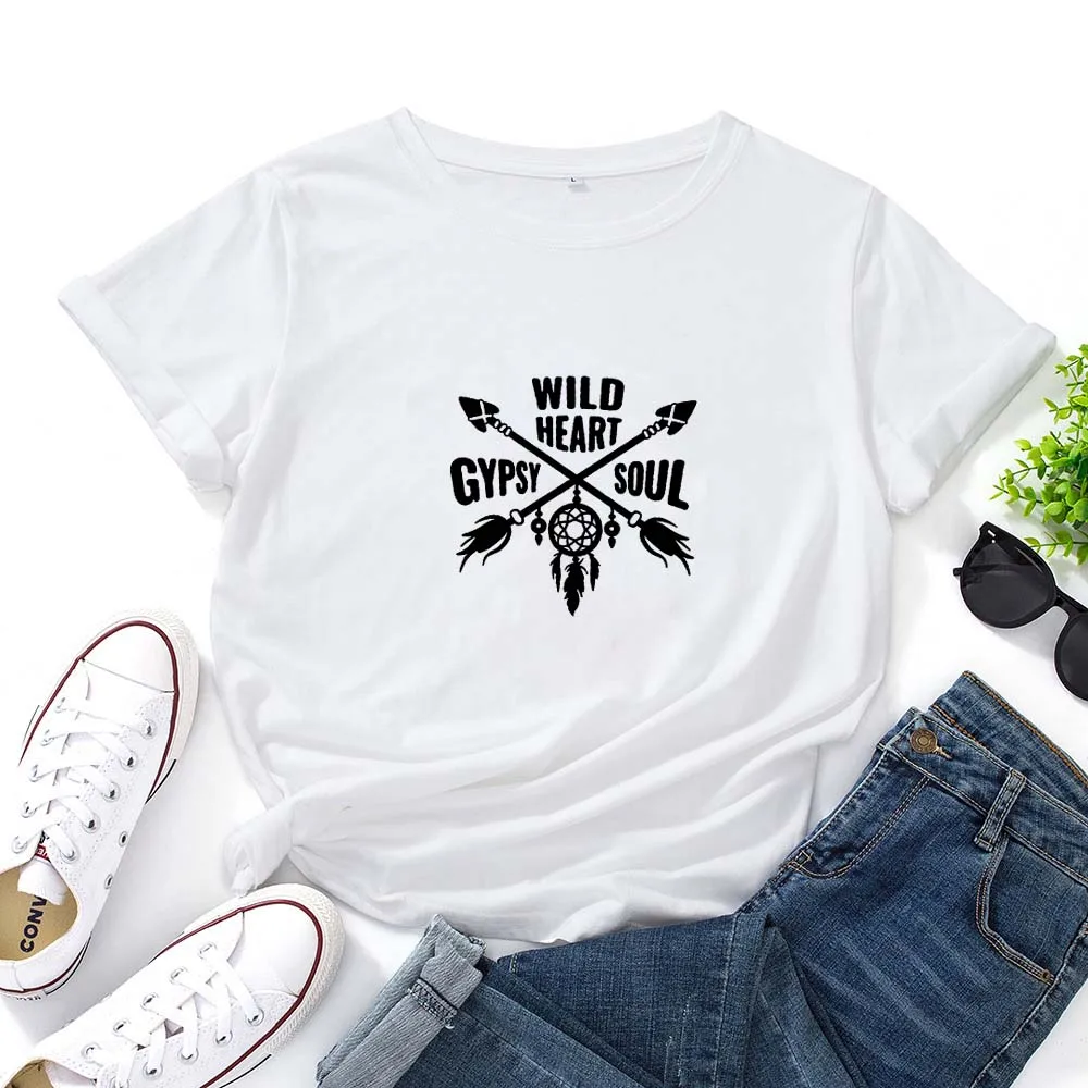 

Wild Heart Gypsy Soul T-shirt Women Casual Letter Pattern Print Woman Tshirts Top O-neck Loose Short Sleeve Tshirts Female