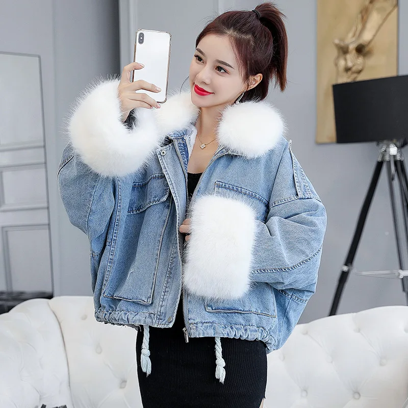 White Fur Winter Denim Jacket Women Soft Fur Liner Jeans Jacket Fur Collar Outwear Vintage Plus Size Loose Thick Warm Jean Coat