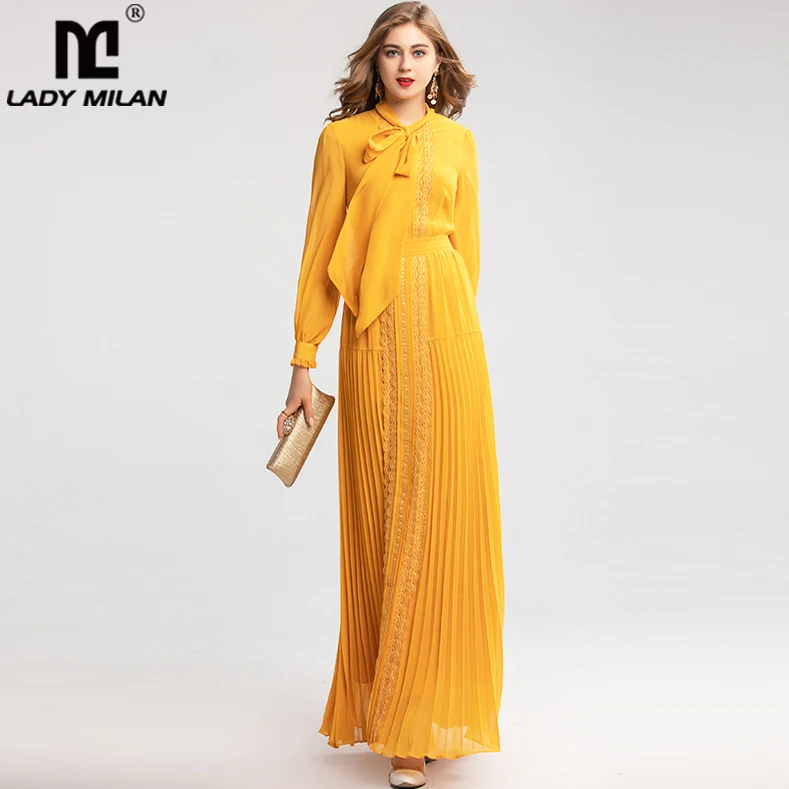 Женские подиумные платья с бантом и воротником длинные рукава кружевные