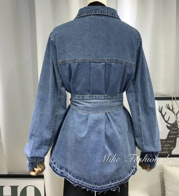 Новая весенняя корейская модная однотонная ковбойская рубашка с поясом Женская свободная джинсовая рубашка с длинными рукавами и тонкой талией джинсовые блузки