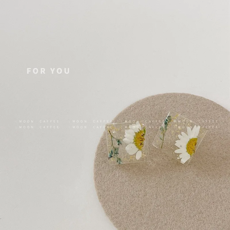 

S925 Spring And Summer New Real Dried Flower Eternal Flower Small Daisy Acrylic Geometric Transparent Fashion Earrings