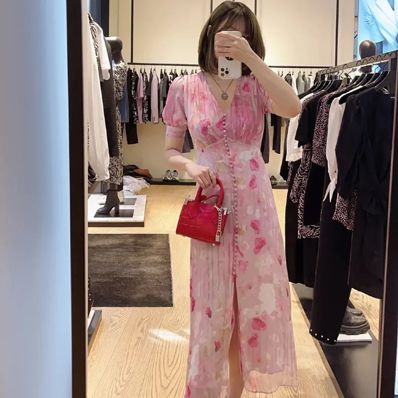 

Ladies Summer French V-Neck Floral Slim Split Long Dress Female Single Breasted Fashion Sweet Dress High Version Dresses ML221