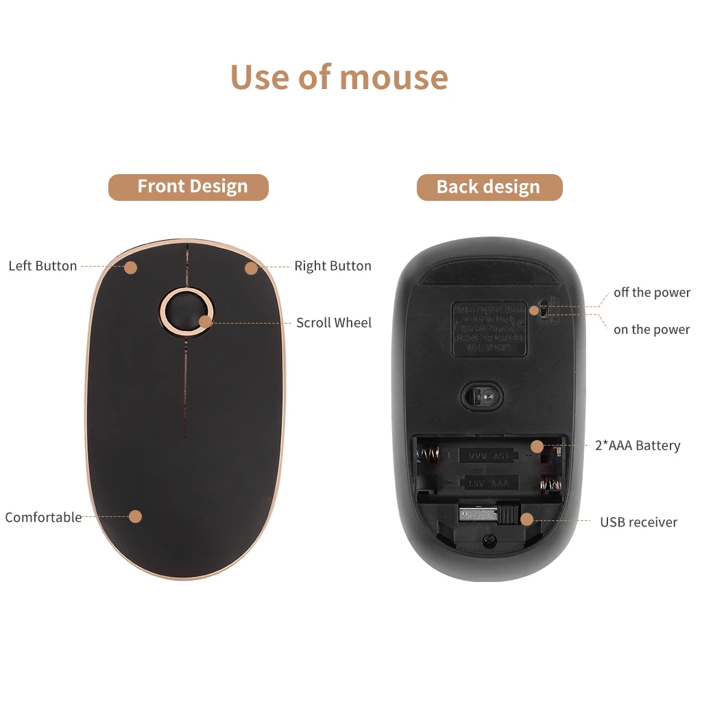 2 4g computer wireless mouse gold black round wheel silent wireless mouse simple and fashionable office mouse for pc laptop free global shipping
