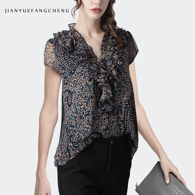 Женская шифоновая блузка с цветочным принтом Свободный Топ коротким рукавом и