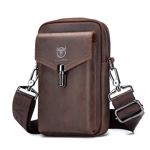 BULLCAPTAIN Crazy Horse Leder Herren Taille Taschen Multifunktionale 7-Zoll-Handytasche Tasche Männliche Schulter Messenger Bages Braun