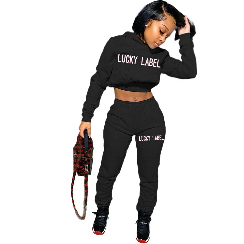 

Cutubly Long Sleeve Women'S Set Lucky Label Embroidery Two Piece Set Hoodies Crop Top Sweatpants Jogging Pants Set Tracksuit