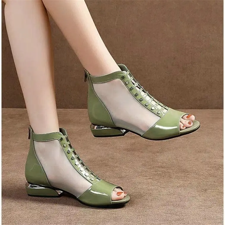 

2021New Peep Toe Sandals Boots,Women PU Leather Summer Mesh Shoes,Low Heels,Back Zip,Female Footware, 2021 New