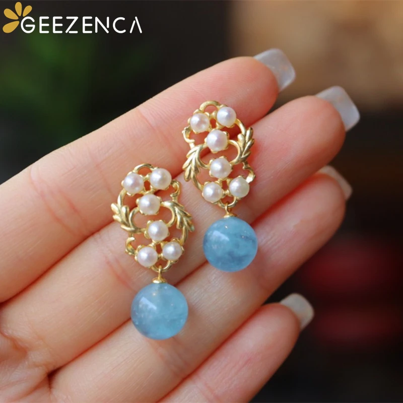 

GEEZENCA S925 Silver Gold Plated Hollow Craft Aquamarine Bead Stud Earrings For Women Fine Jewelry Court Style Earrings Gift